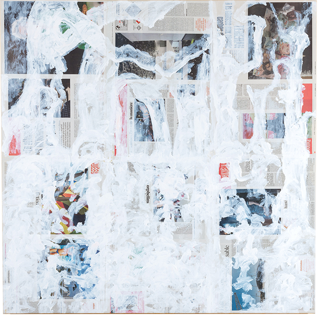 Julie Perrin, "sans-titre", acrylique sur papier journaux, 110 x 110 cm, 2019