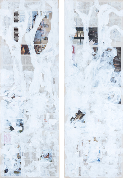 Julie Perrin, "sans-titre", acrylique sur papier journaux, 110 x 50 cm, 2019