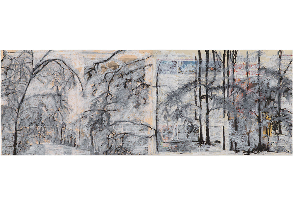Julie Perrin, "sans titre", acrylique sur papiers journaux, 170 x 40 cm, 2012